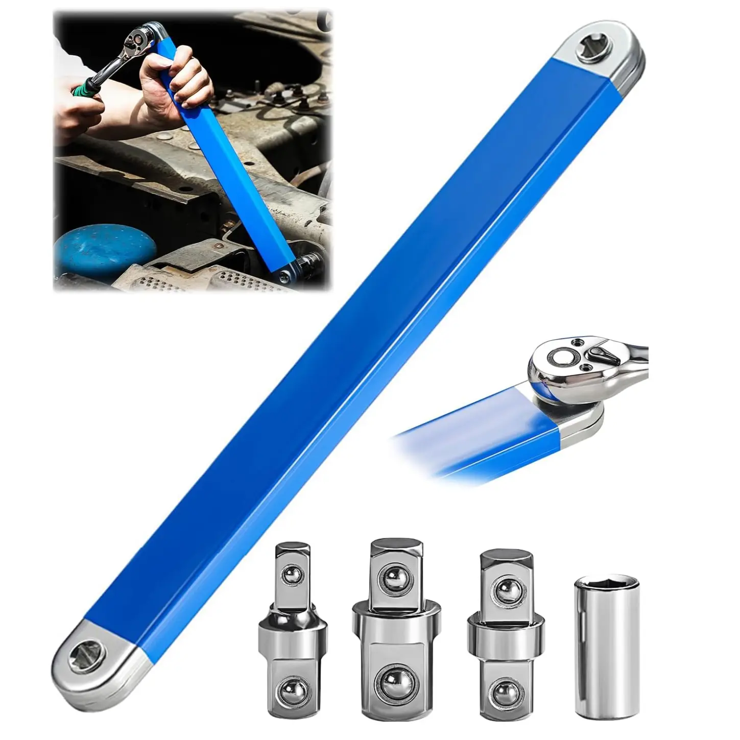 【FathersDayGift】Offset Extension Wrench Set, Off Set Extension Wrench 15.4" with 1/4",3/8",1/2" Square Drive Adapters and 1/4" Socket Offset Ratchet Extension for Tight Spaces