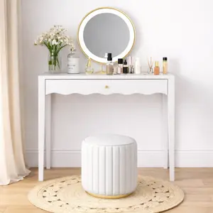 35.43" White Vanity Desk with Drawer, Modern Makeup Table with Scalloped Front & Gold Knob for Bedroom or Apartment