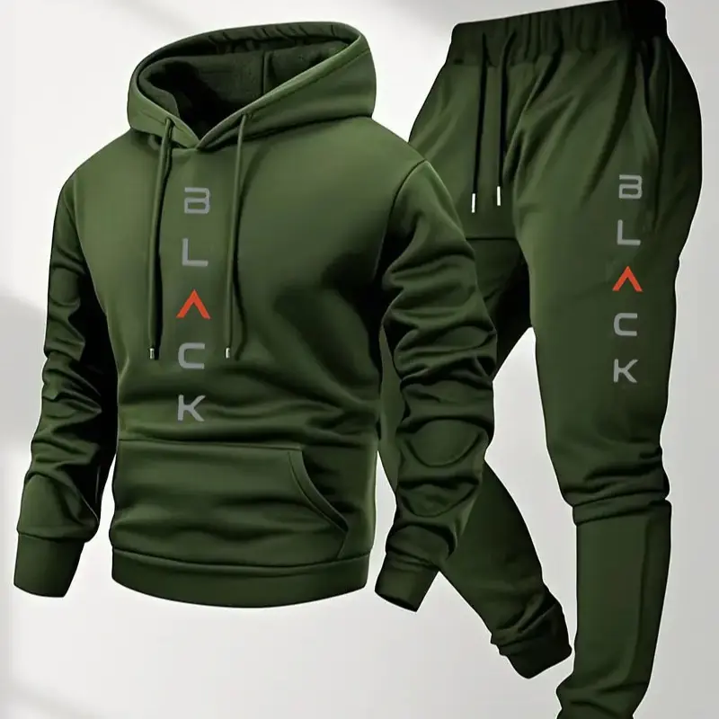 Men's Complete Outfit - Stylish Hooded Sweatshirt & Joggers Set with BLACK Print Gray Casual Streetwear Long Pants Matching Hoodie Perfect for Fall Winter Cozy Clothing Sporty Look Non Stretch Fabric