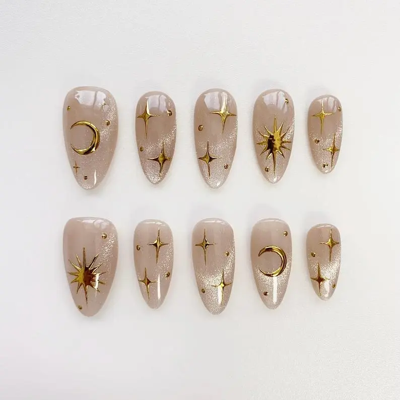 Aura press on nails long almond nails/Moon&Sun StarNails/Cat eye nails/Aura Nails/gyaru nails/gothic nails/Black Nails/Birthday Nails