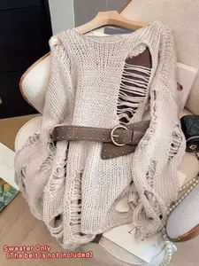 Women's Fall & Winter Fitted Long Sleeve Knit Sweater, Knitwear, Plain Pattern, Solid, Casual Style, Loose Fit Design, Womenswear (wear Belt Not Included)