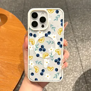 Aesthetic Magnetic Silicone TPU Handheld Smartphone Case - Waterproof, Shockproof, Scratch-Resistant Protection Cover for iPhone 17/16E/16 Pro Max/15 Plus/14/13/12/11/XS/XR, Lightweight Blueberry Lemon Girly Accessory