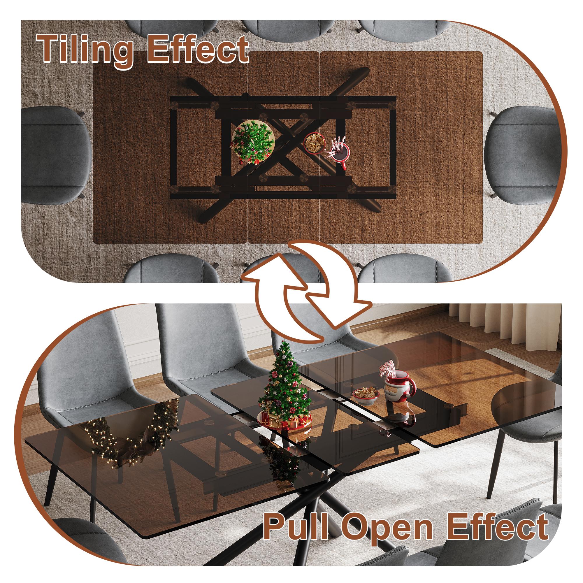 59" Expandable Modern Dining Table with Retractable Leaf, Space Saving Glass Top & Steel X-Base for Small Kitchen Apartment, Dark Brown