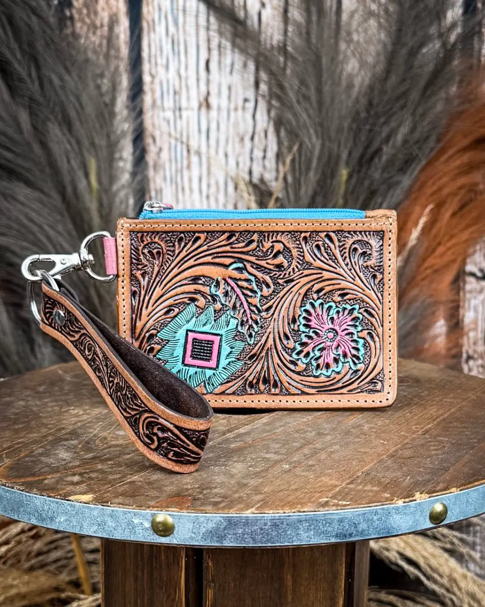Myra Bag Pride of Prickly Pears Card Holder - Brown and Blue Genuine Leather Stylish Female Wallet for Women, Genuine Leather Wallet