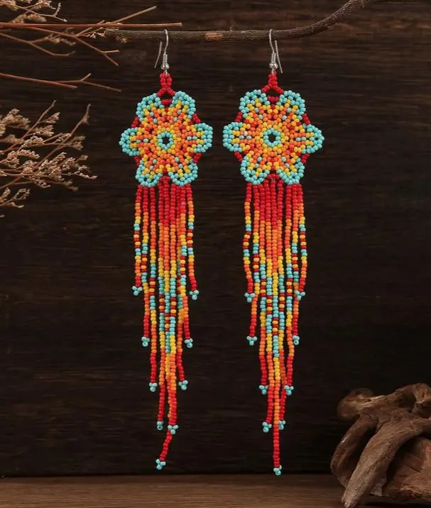 SHEIN Women's Casual Folk Dangle Earrings - Multicolor Bohemian Beaded Hook, Vibrant Flower Design, Tassel Accents, Jewelry & Accessories for Women, Earrings Dangle, Beading, Jewlery, Bead Detail Earrings