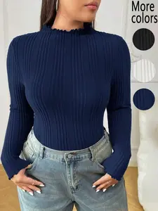 【Plus Size】1 Piece Mock Neck Ribbed Knit Bodysuit, Elegant Style, Ruffled Collar & Cuffs, Slim-Fitting & Warm, Perfect for Fashion Lovers Daily Office & Casual Outings