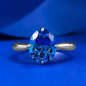 S925 Sterling Silver Blue Oval Cut Oval Ring 8*10mm 6A Cubic Zirconia Ring-374
