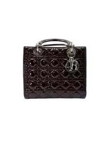 Pre-owned Dior leather Tote Bags Christian Lady Dark Red Cannage Patent Handle Bag With Silver Charms DR693