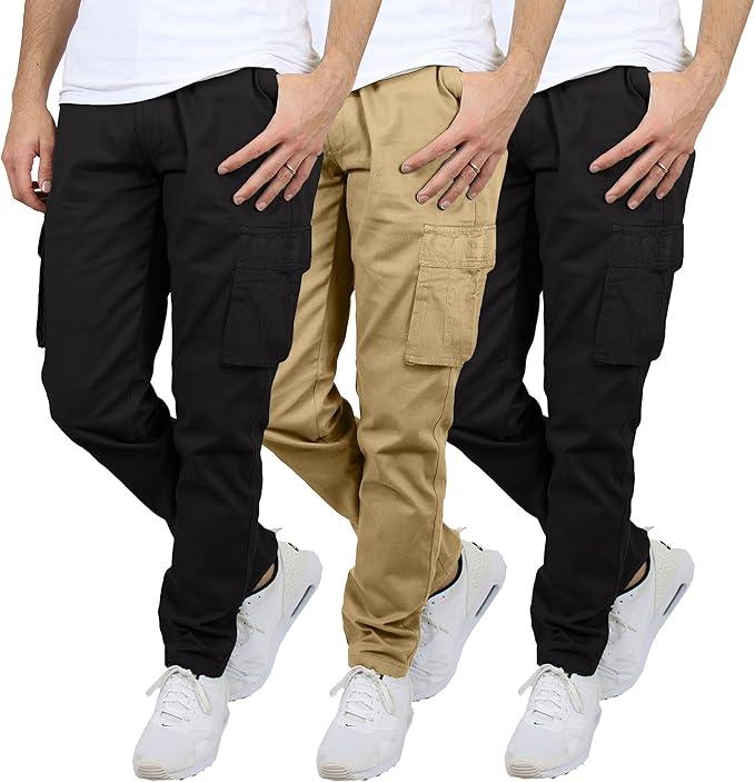 3-Pack Men's Flex-Stretch  one size down for a perfect fit.   Cotton Cargo Pants 31-Inch Inseam  FSH- Comfortable Durable Plain Design in Black Khaki & Navy Blue