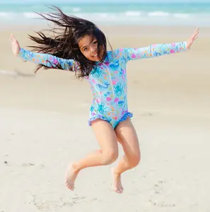 Millie Loves Lily Girls Ice Blue Sea Creatures Zip Front Rash Guard, UPF 50+