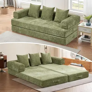 Convertible Floor Sofa Couch Bed, Futon Sofa Bed, Modular Convertible Folding 3 Seater Chenille Foam Floor Loveseat Sleeper Sofa Couch with 3 Pillows, No Assembly Compressed Boneless Couch, for Living Room Bedroom Guest Room, Green
