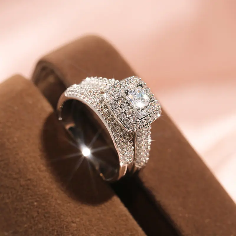 White Gold Plated Bridal Ring Set, 2-Piece Princess Cut Engagement Stack with Double Halo, Cubic Zirconia Diamond Style for Women, Ring Stack, Diamond Style Rings