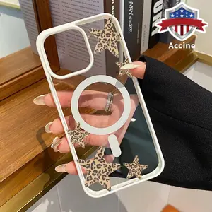 Magnetic Phone Case Compatible for iPhone 16 15 14 Pro Max 13 12 11 XR XS Plus E Leopard - Print Stars Pattern Hard Acrylic Back Soft TPU Edge Shock-resistant Cover