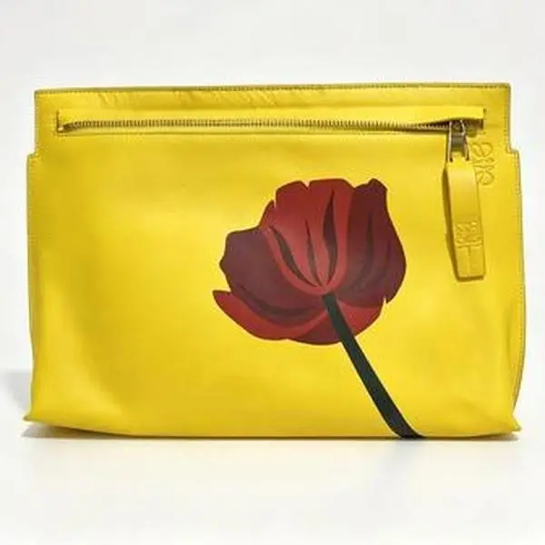 Pre-owned Loewe Vibrant Lemon Yellow Poppy Floral Print Leather Clutch Embossed Anagram Logo Zip Document Pouch