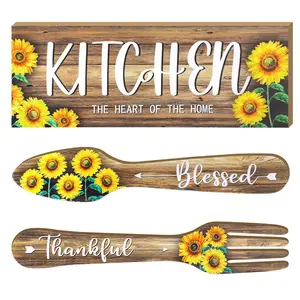 Wooden Sign, 3pcs/set Sunflower & Letter Pattern Hanging Sign, Rectangular & Fork & Spoon Shaped Wall Art Decor for Kitchen Home