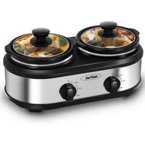 Dual Pot Slow Cooker, 2 Pot Small Mini Crock Buffet Server and Warmer, Upgraded Oval Ceramic Double Pot Buffet Food Warmer Adjustable Temp Glass Lid, Total 2.5 Quarts
