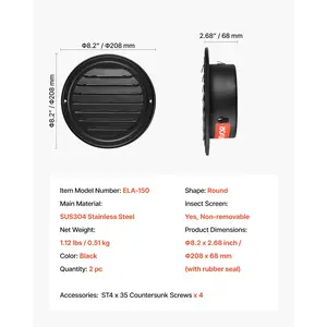 VEVOR 6 inch Wall Vent Cover, Louvered Round AC Vent Gable Cover, Premium Stainless Steel with Built-in a Protection Screen, for House, Bathroom, Garage, Kitchen, Basement (2 Pack, Black)