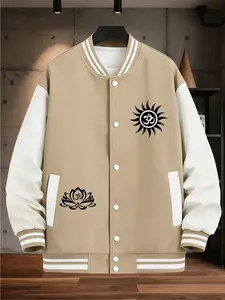 Men's Colorblock Sleeve Street Vintage Sun Om Totem & Lotus Om Totem Print Baseball Collar Stretch Casual Sport Jacket