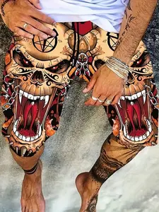 Men's Digital Print Casual Beach Shorts - Tropical Menswear with Unique Skull Design for Summer