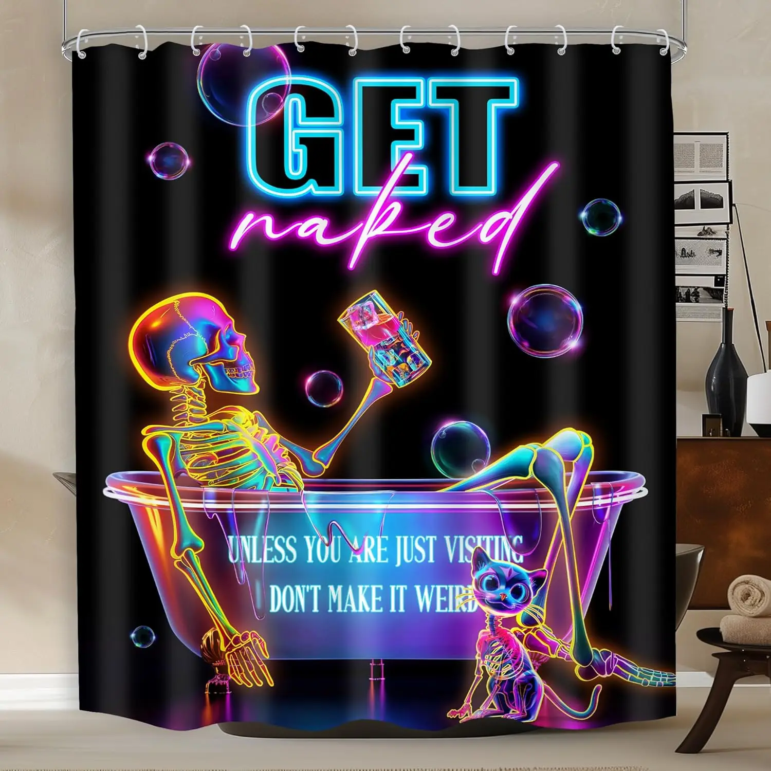 Waterproof Neon Funny Skull Shower Curtain - Gothic Skeleton, Bathtub Bubbles, Black Halloween Cat Design, Polyester Modern Bathroom Decor with Hooks, Hot-Water Tough, Resistant, Gift, Sizes Available (60x72in, 66x72in, 72x72in) Bathroom Supply, Water Pro