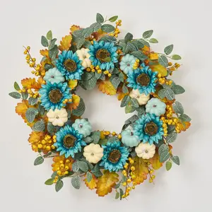Pumpkins by the Sea - Turquoise Sunflower, Cream & Teal Pumpkins, Gold Berry, & Oak Leaf Fall Front Door Wreath