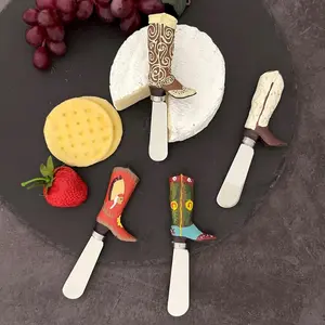 Western Cowboy Boot Cheese Spreaders Hand-Painted Resin Handles with S S Blade Unique Design for Cheese Lovers