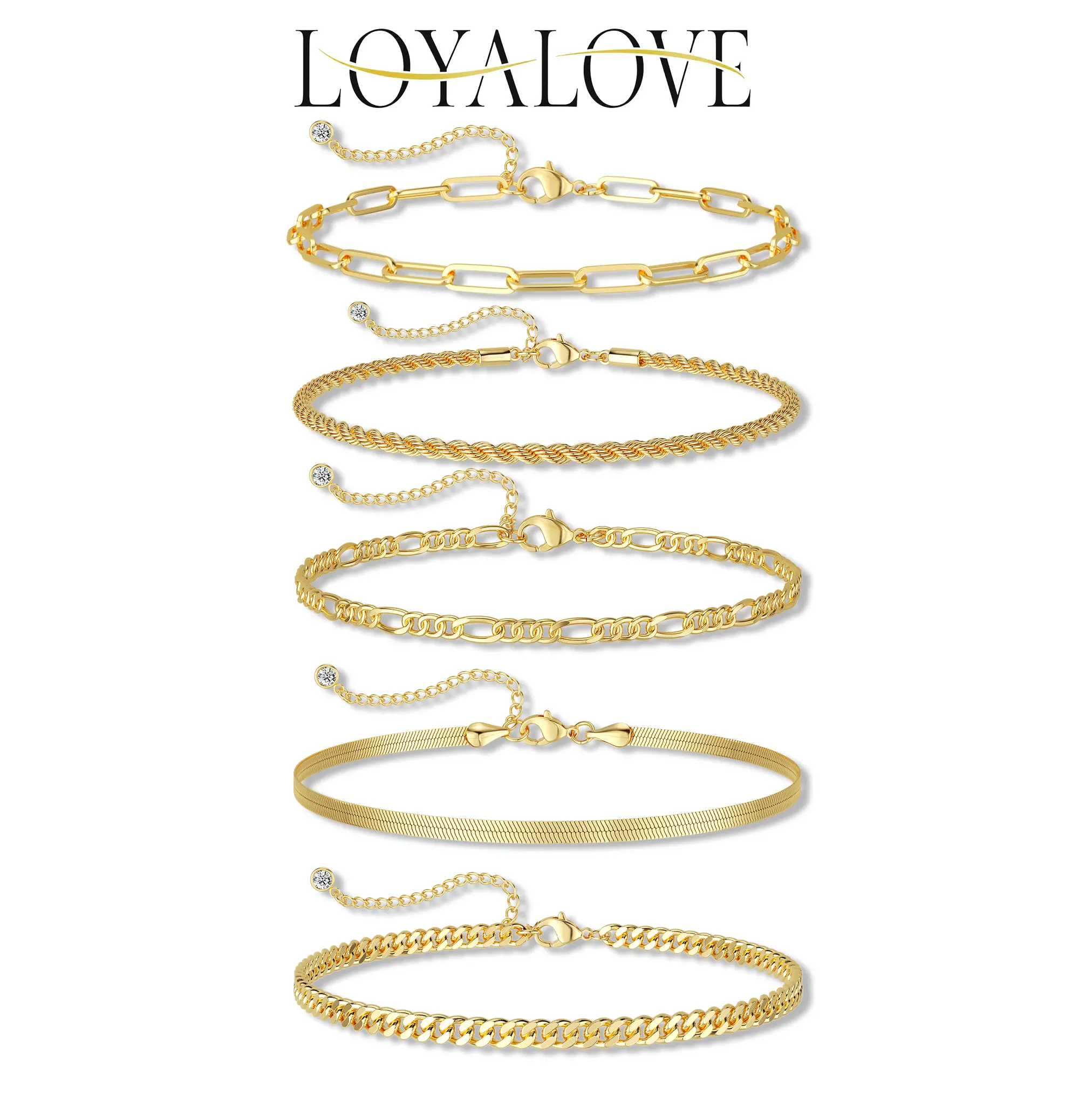 Loyalove 14K Gold Plated Copper Bracelets for Women Waterproof, Jewelry Sets for Women Trendy Thin Dainty Stackable Cuban Link Paperclip Chain Bracelet Pack Fashion Accessories Gifts for Womens For Summer gifts