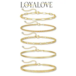 Loyalove 14K Gold Plated Copper Bracelets for Women Waterproof, Jewelry Sets for Women Trendy Thin Dainty Stackable Cuban Link Paperclip Chain Bracelet Pack Fashion Accessories Gifts for Womens For Summer gifts outdoorfun