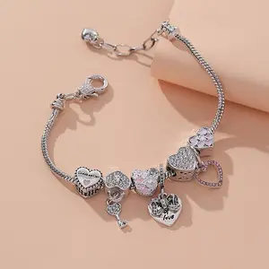 Women's Heart-Shaped Bow Pendant Bracelet - Adjustable Beaded Charm Bracelet for Birthdays & Christmas Gifts