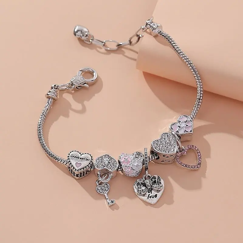 Fashionable Bracelet with Heart-Shaped Bow, Elegant Beaded Strand Design for Female, Adjustable, Fits Most Wrist Sizes, Birthday Gift Jewelry, Beaded Strand Bracelet, Charm Bracelet
