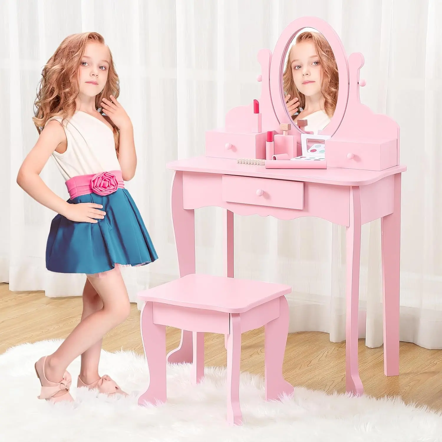 Gaomon Kids Wooden Princess Vanity Table - Child-Friendly Size Drawer-Equipped Makeup Vanity with Mirror, Stool, Pretend Play Theme for Girls Ages 4-9, Birthday Gifts, Room Decor (Pink), Drawer-Equipped Makeup Vanities