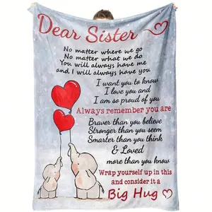 1pc Sister-Themed Flannel Blanket Suitable For Bed - Soft Cozy Bedspread With Dear Sister Message & Cute Elephants, Heart Balloons, Love Gift For,, Or Room Decor (Contemporary Style)