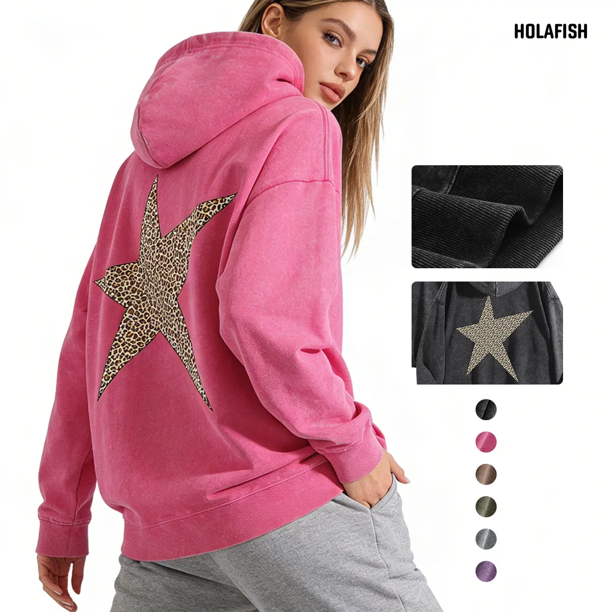 Holafish Leopard Pentagram Hoodie Women's Print Hoodies Oversized Heavyweight Vintage Sweatshirt Winter Warm Streetwear Loose Fit Streetwear Casual Tops summervibes