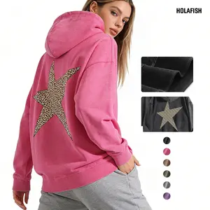 Holafish Leopard Pentagram Hoodie Women's Print Hoodies Oversized Heavyweight Vintage Sweatshirt Winter Warm Streetwear Loose Fit Streetwear Casual Tops
