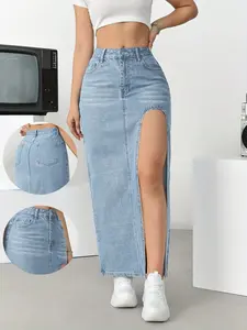 Women's Summer Sexy Irregular Slit A-Line Skirt, High Waist Denim Bodycon Half-Sleeve Dress, Fashion Trendy Streetwear Style