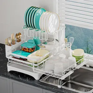 2 Tier Large Dish Drying Rack - Extendable Dish Rack, 2-in-1 Anti-Rust Stainless Dishrack for Counter and Sink, Dish Strainer with Utensil Holder & Cup Holder(White)