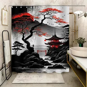 Japanese Style Landscape Pattern Shower Curtain, Waterproof Bathroom Curtain with 12pcs Hooks, Bathroom Decor for Home, Hotel, Apartment, Dorm, Spa