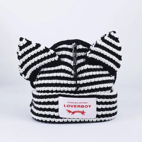 Cute Striped Cat Ears Reverse Knitted Beanie Hat, LOVERBOY Casual Y2K Soft Comfortable Funny Hats,Skullies Warm and Stylish Beanies for Women & Men Spring Fall 2026 Knitwear Cozy slouchy beanie hat 2000s
