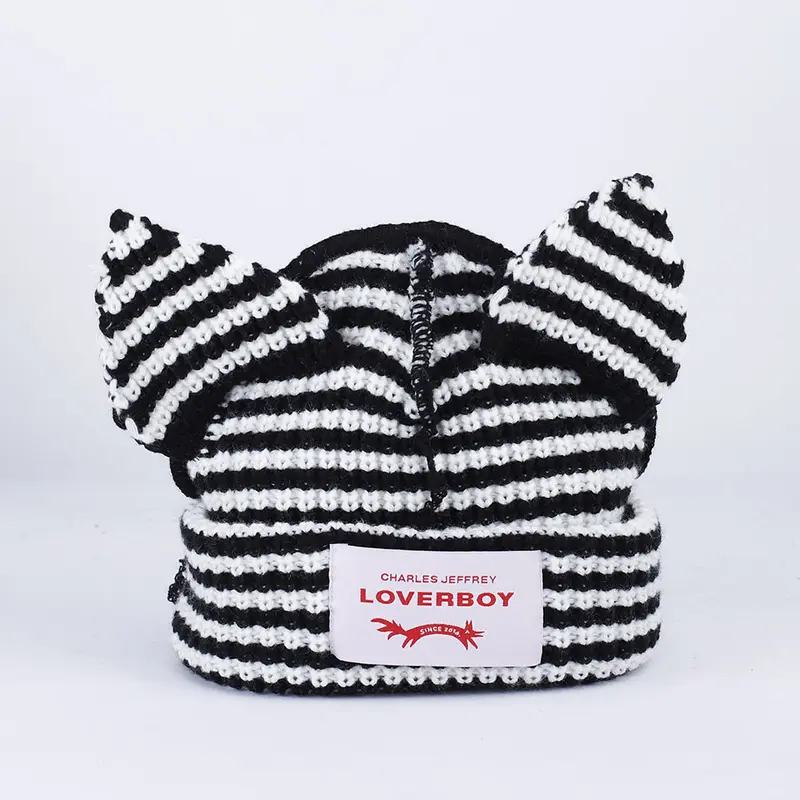 Cute Striped Cat Ears Reverse Knitted Beanie Hat, LOVERBOY Casual Y2K Soft Comfortable Funny Hats,Skullies Warm and Stylish Beanies for Women & Men Spring Fall 2026 Knitwear Cozy slouchy beanie hat 2000s