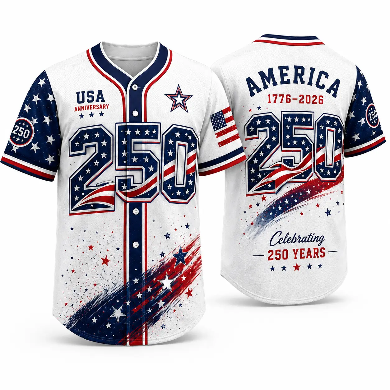Men's USA 250th Anniversary Baseball Jersey - 1776-2026 Patriotic Short Sleeve Button-Down Top with Eagle Flag Graphics, 4th of July Professional Sports Wear, Breathable, Baseball & Softball Apparel, 4Th Of July Events, Patriotic Print, Button Front