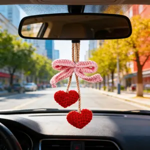 Mother's Day Gift Idea | Handmade Crochet Heart Car Charm | Pink Bow Rearview Mirror Hanging | Unique Aesthetic Car Decor for Mom