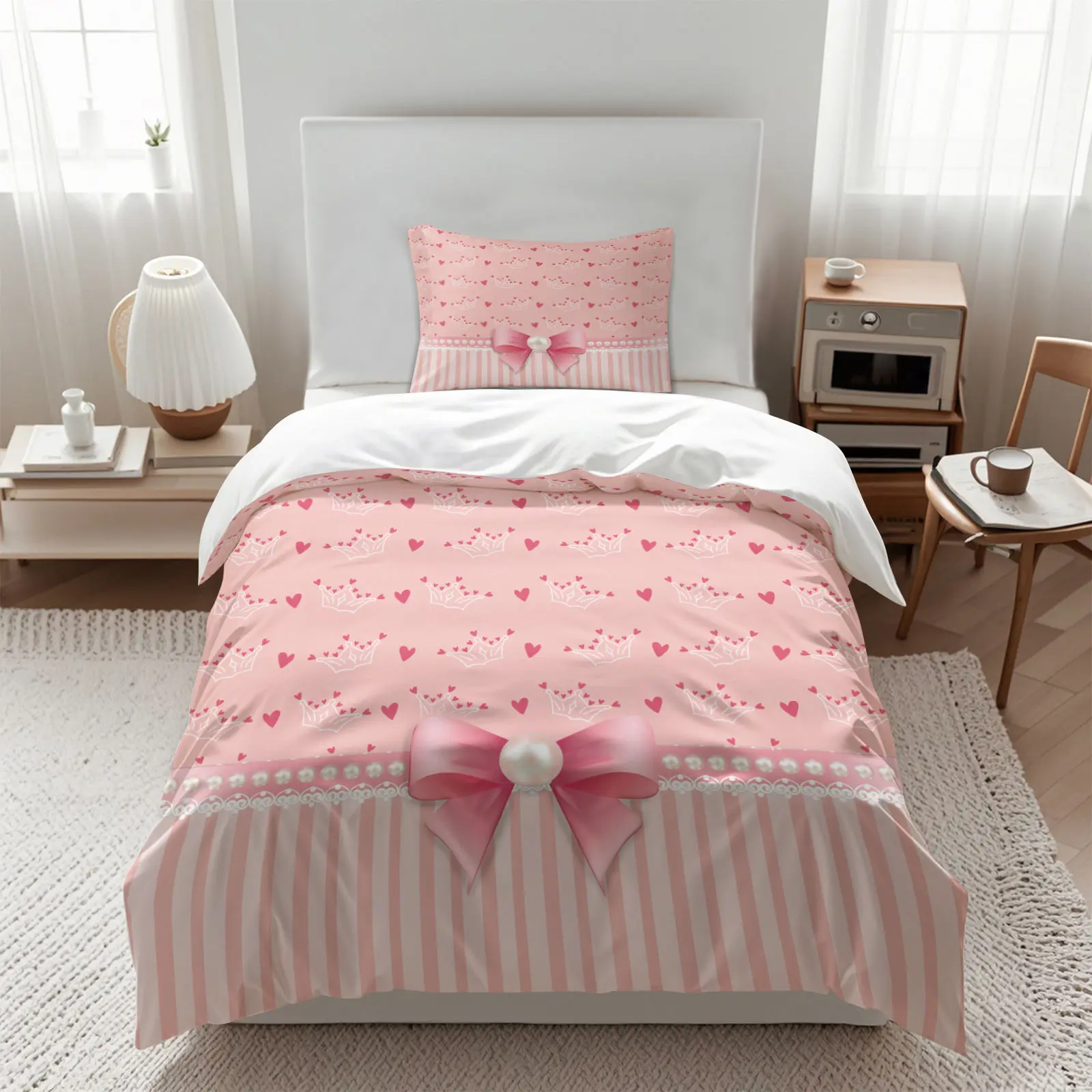 Dreamy Fairy Tale Bow Bedding Set, Princess Heart Crown Duvet Cover, Soft Breathable Bedroom Decor for Girls and Teens