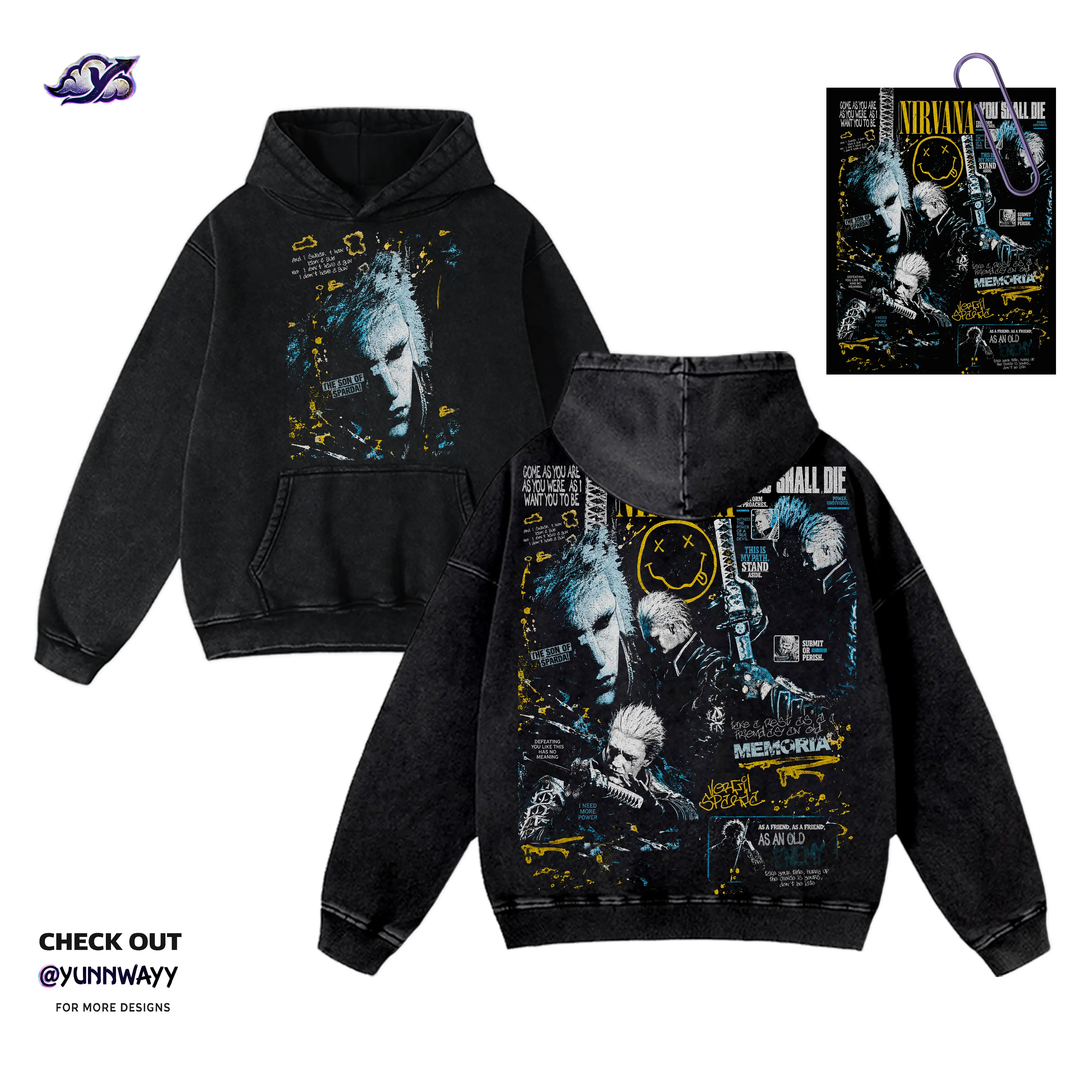 Devil May Cry 5 Vergil x Rock Band Hoodie, Vintage Y2K Grunge Graphic Washed Black Unisex Cotton, Streetwear Pullover, Gift for Game & Music Fans