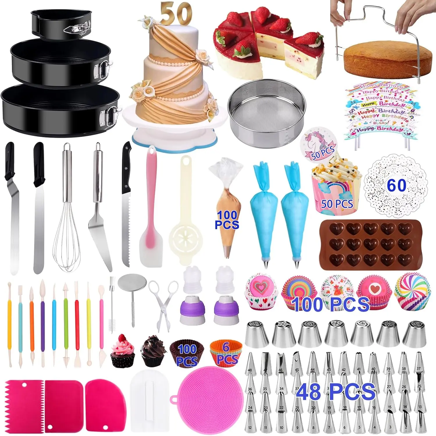 Cake Decorating Kits 567 count Baking Set with Springform Pans Set, Rotating Turntable, Decorating Tools, Cake Baking Supplies for Beginners and Cake Lovers