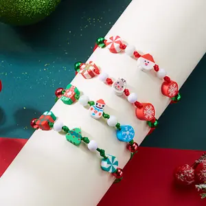 Christmas Colorful Polymer Clay Beaded Bracelet for Women Cute Cartoon Santa Claus Snowflake Elk Xmas Tree Bracelets Jewelry