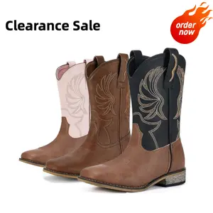 Clearance Sale Black Cowboy Boots for Women Embroidered Western Cowgirl Boots Mid Calf Square Toe Block Heel Boots Retro Vintage Style Casual Riding Boots for Women