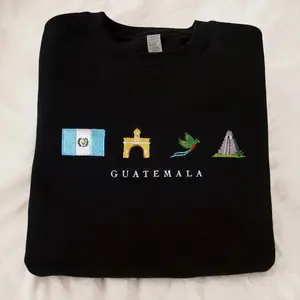 Guatemala Embroidered Sweatshirt   Black Crewneck with Quetzal  Tikal  Antigua Arch   Mayan Symbols  Cozy Chap n Heritage Gift