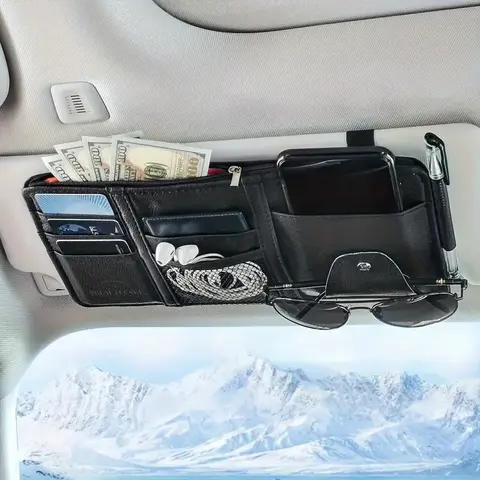 Fashionable Car Sun Visor Organizer, Multifunctional Sun Visor Storage Bag, Car Glasses Clip, Sunglasses Holder with Zipper Pouch, Universal Car Interior Accessories