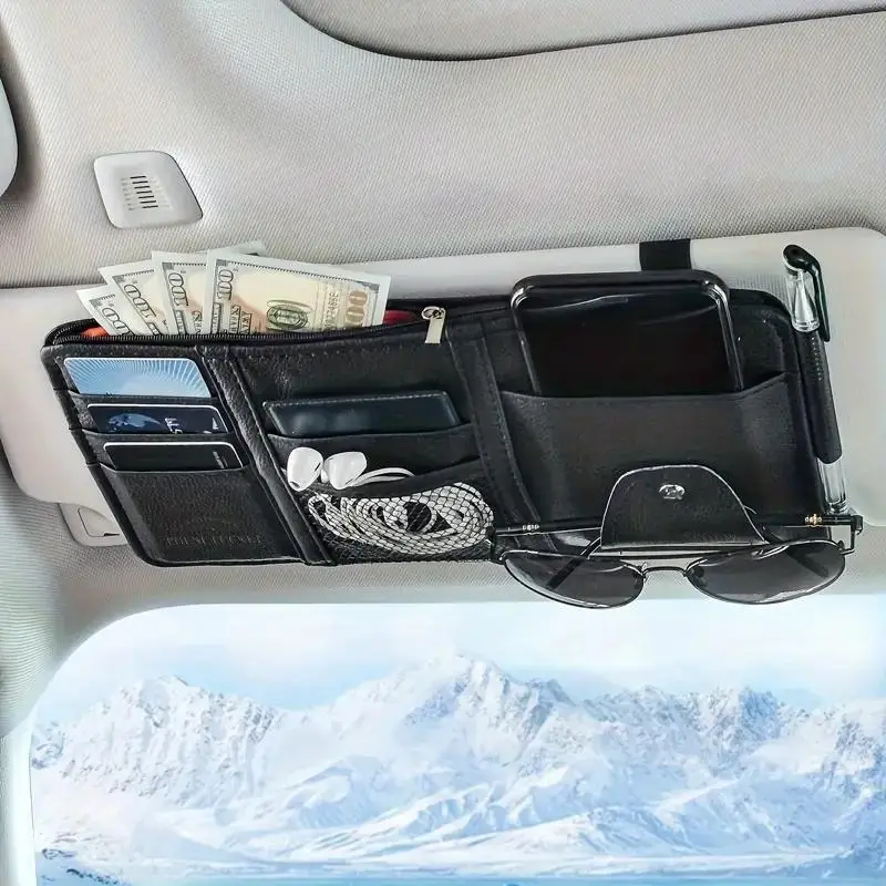 Fashionable Car Sun Visor Organizer, Multifunctional Sun Visor Storage Bag, Car Glasses Clip, Sunglasses Holder with Zipper Pouch, Universal Car Inter