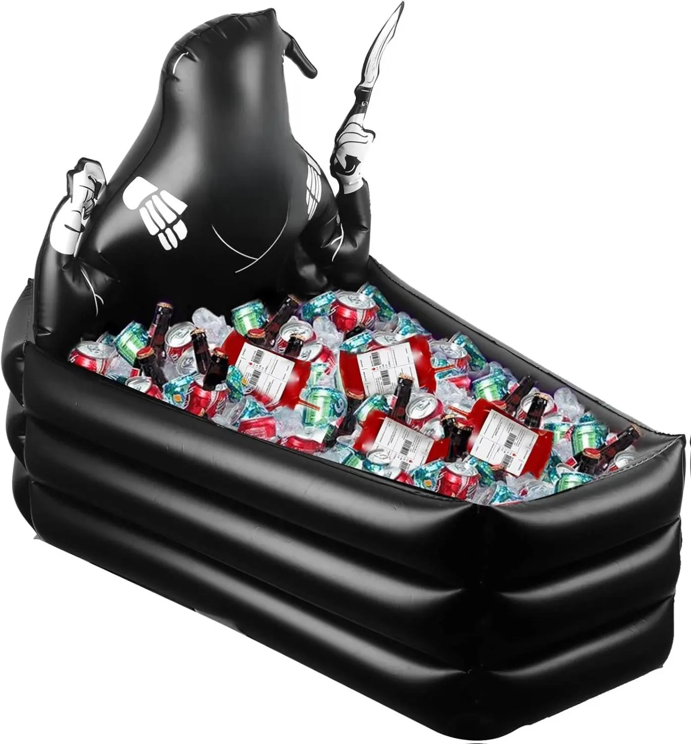 44 Inch Inflatable Grim Reaper Coffin Cooler Halloween Party Supplies 120 Cans Large Capacity Drink Holder for Indoor Outdoor Home Decorations Black